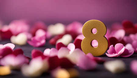 A golden eight stands prominently among a scattering of pink and white flower petals, creating a...