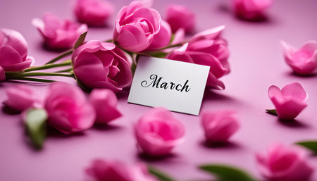 A close-up photo of a bouquet of pink flowers with a white note saying March on a pink background.