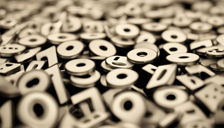 Close-up view of a pile of abstract metal numbers. The numbers are arranged in a random pattern and...