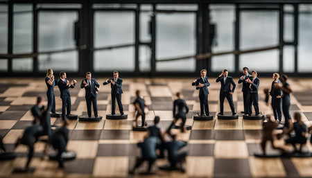 A miniature representation of business strategy with figures on a chessboard. The image suggests that business success requires strategic thinking, planning, and calculated moves.の写真素材