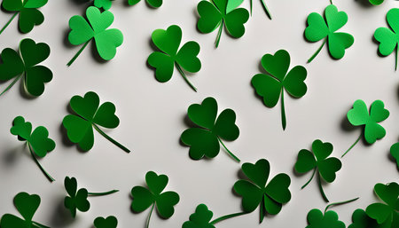A top-down view of shamrocks on a white background, creating a simple yet festive pattern.