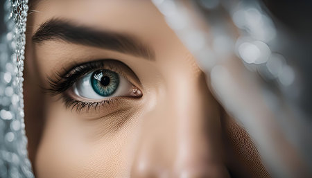 A close-up photograph of a woman's eye. The image captures the intricate details of the eye, from the long eyelashes to the delicate skin surrounding it.の写真素材