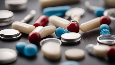 A close-up image of various pills and medical supplies, showing the complexities of healthcare and...