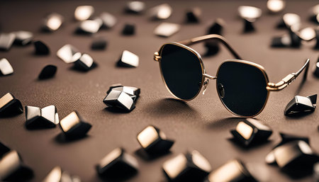 A pair of stylish sunglasses lie on a surface, surrounded by small, geometric shapes. The sunglasses have a gold frame and black lenses, and the shapes are a mix of black and gold.の写真素材