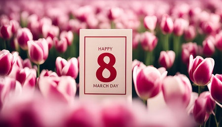 A card with the message 'Happy 8th of March Day' placed among pink tulips.