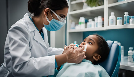 A dentist wearing a mask and gloves examines a child's teeth in a dental chair. The child is sitting...