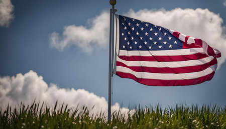 A close-up shot of the American flag waving proudly in the wind against a bright blue sky with...