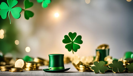A festive St. Patrick's Day scene featuring shamrocks, a leprechaun hat, and gold coins. The green...