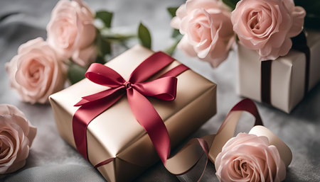 A beautifully wrapped gift box tied with a red ribbon and adorned with pink roses.の写真素材