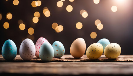 A collection of colorful Easter eggs arranged on a rustic wooden surface, with a blurred background...