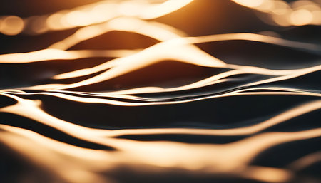 A close-up image of water ripples illuminated by the warm glow of the setting sun. The abstract...