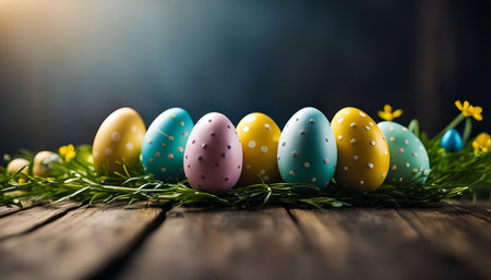 A beautiful arrangement of colorful Easter eggs on a rustic wooden table, surrounded by green grass...