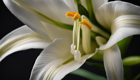 A stunning close-up shot of a white lily, showing its delicate petals and vibrant yellow anthers.の写真素材