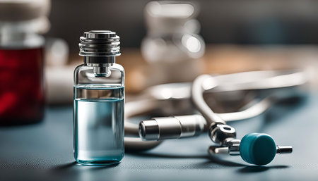 A close-up of a medical vial containing a clear liquid, lying next to a stethoscope on a blue...