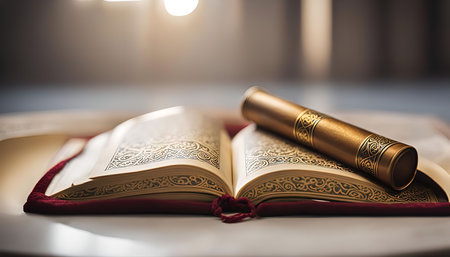 A close-up of an open book with a golden scroll on top. The book has ornate lettering and illustrations, while the scroll has a decorative design.の写真素材