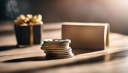 A close-up shot of a stack of coins on a table with two blurred gift boxes in the background. The...
