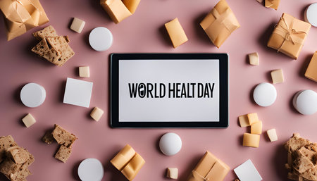 A tablet displaying World Health Day surrounded by gift boxes, crackers, and white round objects.
