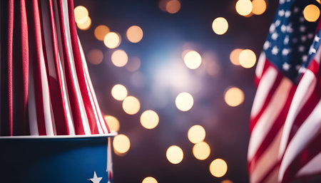 An American flag and fireworks in the background, a patriotic scene for Independence Day.の写真素材