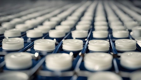 A close-up view of a conveyor belt in a factory with a row of white round objects moving down the...