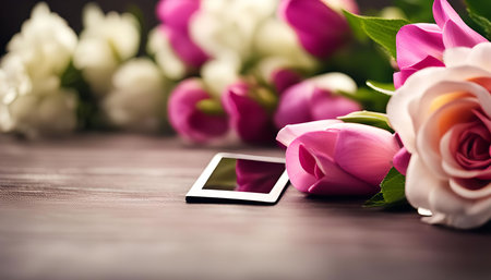 A close-up shot of pink and white flowers arranged in a bouquet. The flowers are in focus, while the background is blurred. There is a small device placed on the table, hinting at a connection between technology and nature.の写真素材