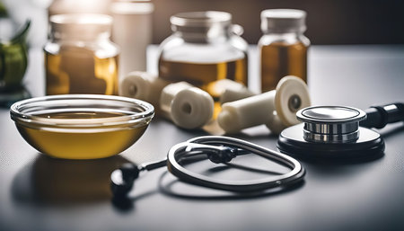 A close-up photo of a stethoscope lying on a table, surrounded by various medical supplies like bottles of liquid, suggesting a medical examination or treatment environment.の写真素材