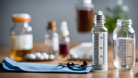 A close-up of a table with a stethoscope, medical bottles, and pills. This image portrays the theme of healthcare and medicine.の写真素材