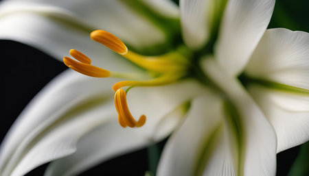 A close-up shot capturing the intricate details of a white lily flower, highlighting its delicate petals, vibrant yellow stamen, and soft, natural beauty.の写真素材
