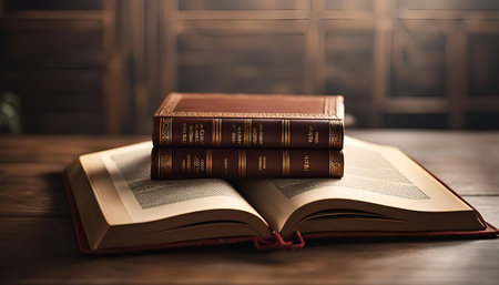 An open book with two smaller, closed books on top of it, all resting on a wooden surface.