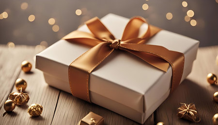 A white gift box tied with a golden ribbon, surrounded by golden ornaments. The image evokes a sense...
