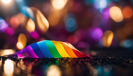 A close up shot of a rainbow flag lying on a black surface. It's a symbol of pride and diversity....