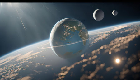 A view of planet earth from space with the sun and moons in the background.
