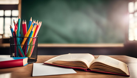 A still life image of an open book on a wooden desk, with a cup of colored pencils and a chalkboard...