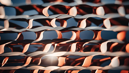 Close-up view of a metal mesh with a sun glare in the background, creating an abstract and geometric...