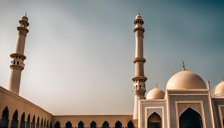 A close-up view of the intricate details of a mosque in the Middle East, showing its architectural...