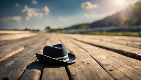 A blue hat sits on a wooden dock, with a sky in the background. The photo is taken on a sunny day, it could be near a beach.の写真素材