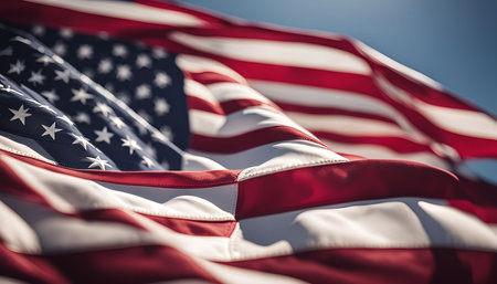 A close-up shot of an American flag waving in the wind, showing the intricate details of the stars and stripes, symbolizing patriotism and national pride.の写真素材
