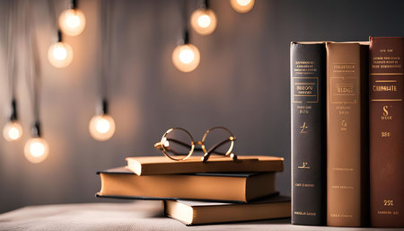 A stack of books, glasses, and warm light bulbs create a cozy and inviting atmosphere, perfect for a...