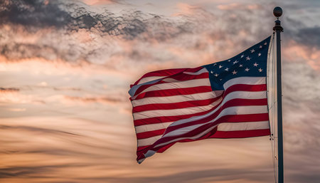 A majestic American flag proudly waves in the wind against a backdrop of a colorful sunset sky. The...