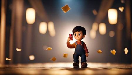 A small figurine of a boy is standing with confetti falling around him. The boy is smiling and holding a small red cup, creating a joyous and celebratory atmosphere.の写真素材