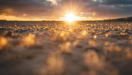 A close-up of a field bathed in the golden light of a setting sun. The sun's rays illuminate the...