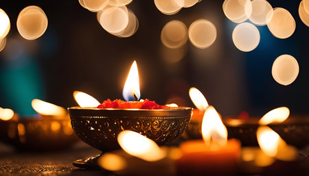 A close-up of a lit candle during Diwali celebrations, signifying hope and joy. The candle glows...