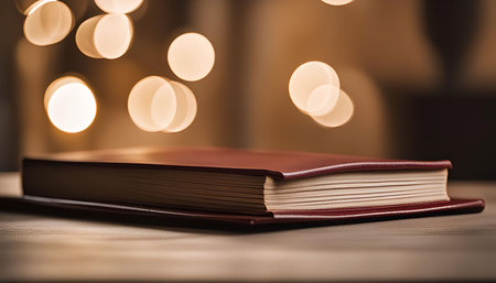 A close-up of a closed book with festive lights in the backgroundの写真素材