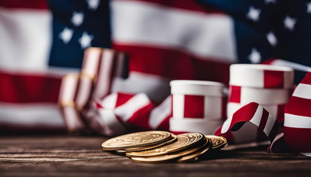 A close-up of a stack of gold coins with an American flag, ribbon, and medal in the background.の写真素材