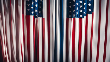 Close-up shot of American flags, showcasing the red, white, and blue stripes and stars.の写真素材