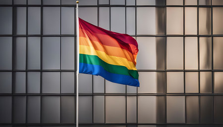 A vibrant rainbow pride flag waves proudly in the wind against a backdrop of a modern glass building, symbolizing the strength and resilience of the LGBTQ+ community.の写真素材