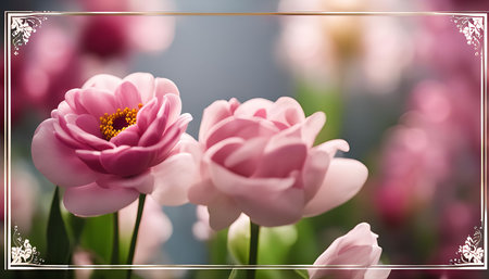 A close-up photograph of delicate pink flowers in full bloom. The soft petals and gentle colors...