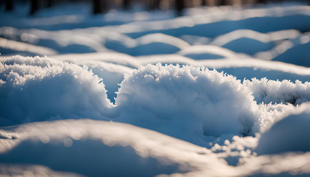 Close-up of snowdrifts in a winter wonderland with frosty texture and sunlight reflecting off the ice crystals.の写真素材
