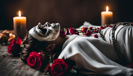 A woman wearing a traditional sugar skull mask lays on a wooden table surrounded by candles and roses. This image evokes a somber yet beautiful atmosphere, capturing the spirit of the Day of the Dead.の写真素材