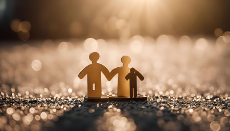 A silhouette of a family, a couple with a child, standing on a blurred background of golden sunlight and bokeh.の写真素材