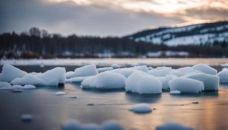 A serene frozen lake with snow covered mountains in the background.の写真素材
